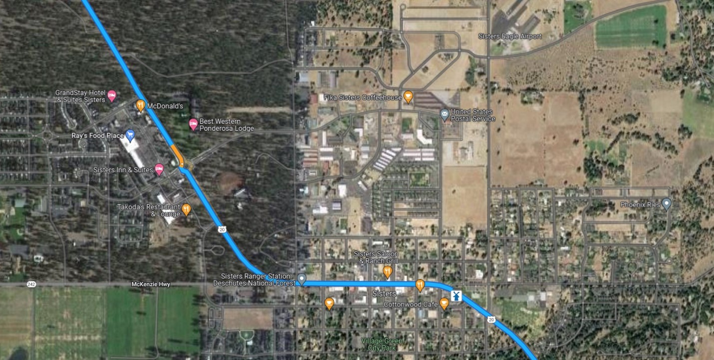 Reliability Analysis Section, Through Sisters, Oregon, along US-20. Source: Map data ©2022 Google