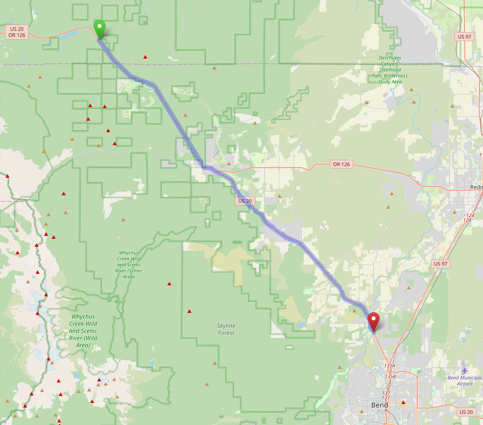 Oregon US-20 Study Route Boundaries. Source: Map data from [©OpenStreetMap](https://www.openstreetmap.org/copyright)