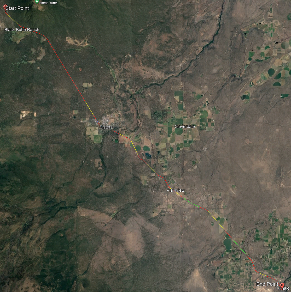 Oregon US-20 Full Route, with segmentation shown for cross section and passing designation. Source: Map data ©2022 Google