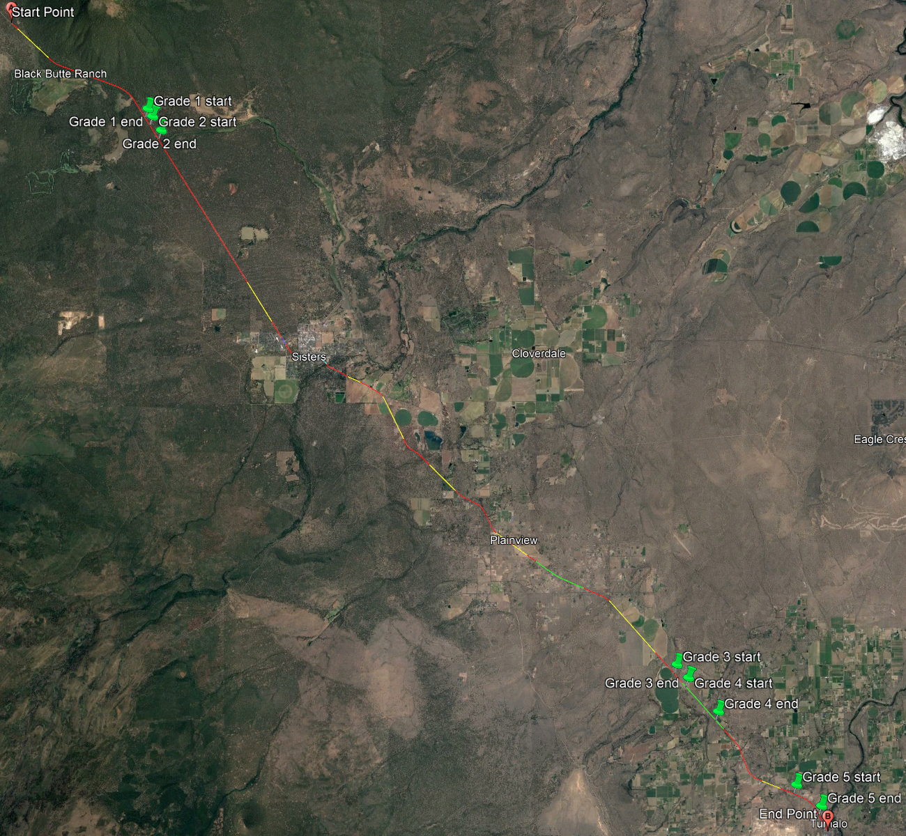Oregon US-20 Segmentation, including Significant Grades. Source: Map data ©2022 Google