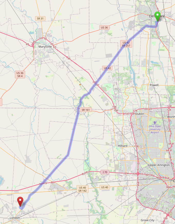 Ohio US-42 Route Boundaries. Source: Map data from [©OpenStreetMap](https://www.openstreetmap.org/copyright)