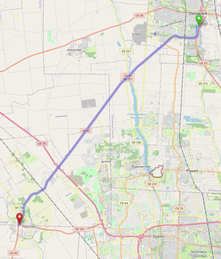 Ohio US-42 Study Route Boundaries. Source: Map data from [©OpenStreetMap](https://www.openstreetmap.org/copyright)