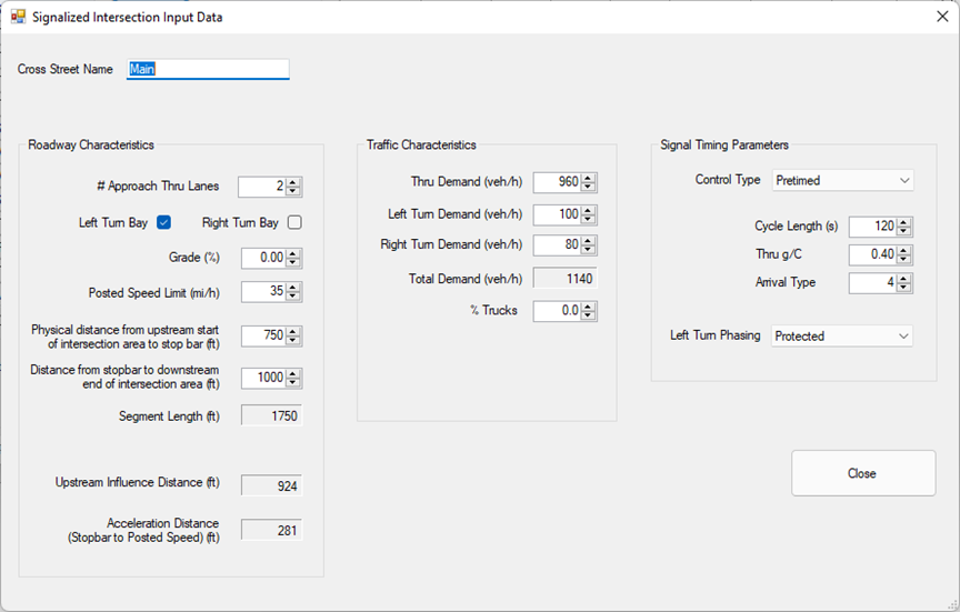 Signalized Intersection Inputs Screen