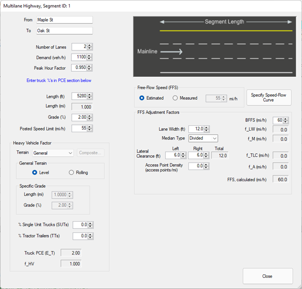 Multilane Highway Segment Inputs Screen