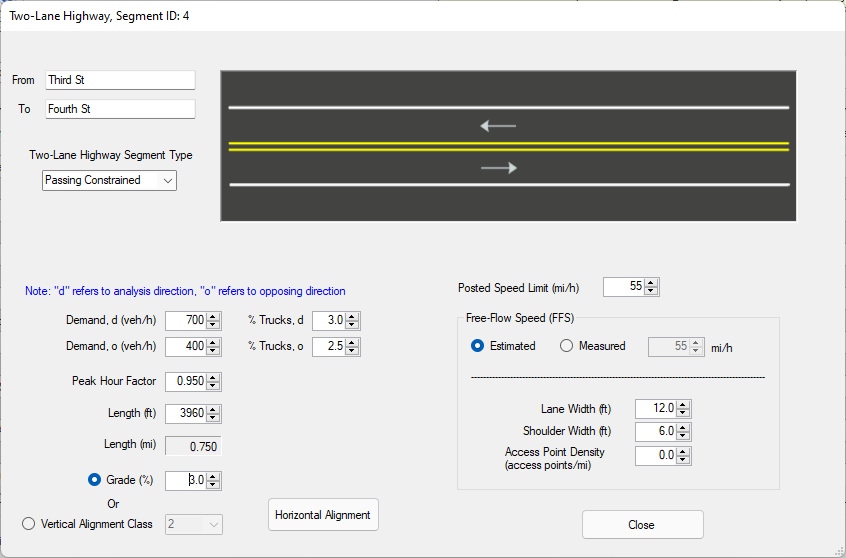 Two-Lane Highway Passing Constrained Segment Inputs Screen