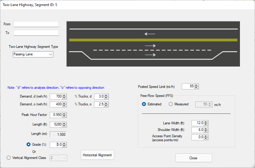 Two-Lane Highway Passing Lane Segment Inputs Screen