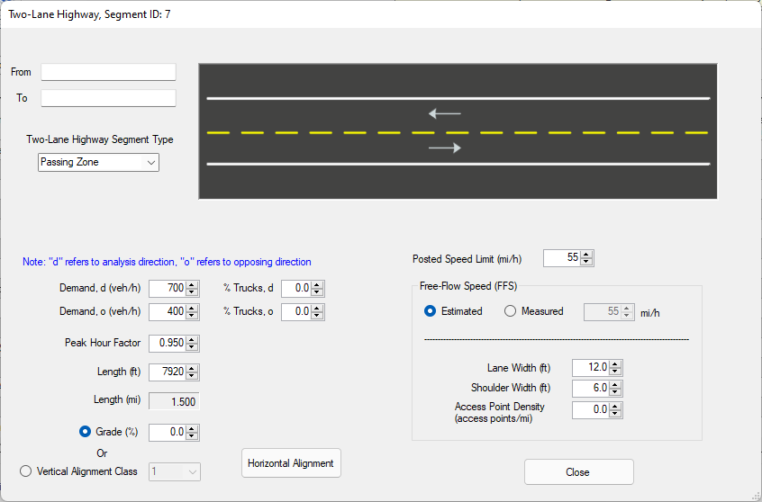 Two-Lane Highway Passing Zone Segment Inputs Screen
