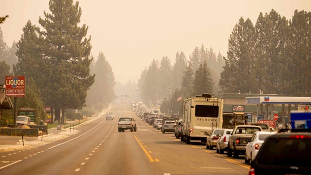 Traffic from fire evacuation from South Lake Tahoe, Calif., on Monday (8/30/21).